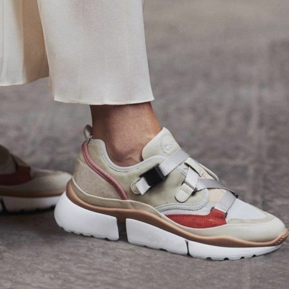 Chloe Sonnie Low Top Sneakers Multicolor Cream Orange Tan With Buckle